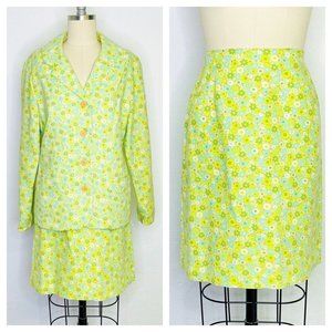 Vintage 70s Green White Stag Flower Power MOD Mini Skirt Set Size M Medium